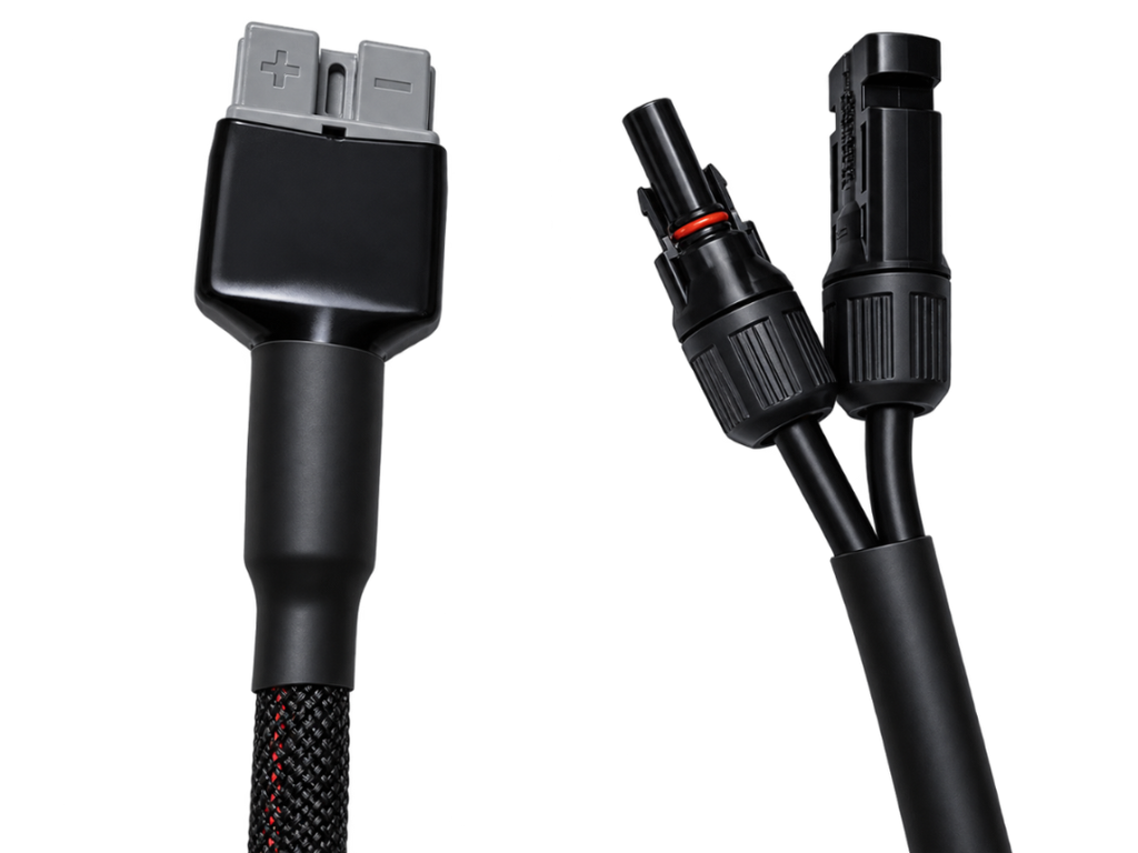 Black solar cable with a multi-pin battery connector on one end and a two-pin solar connector on the other, shown on a white background.