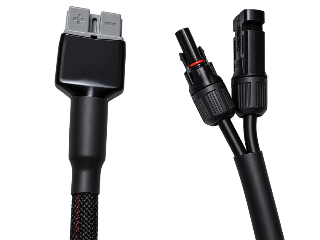 Black solar cable with a multi-pin battery connector on one end and a two-pin solar connector on the other, shown on a white background.