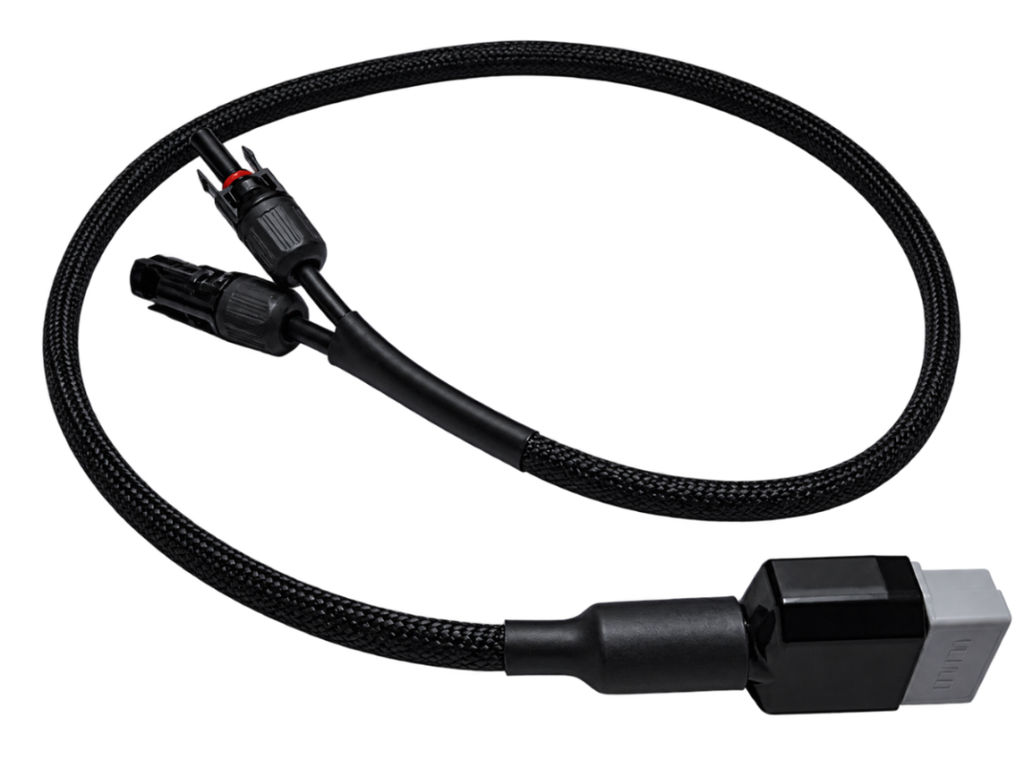 A black braided cable with a MC4 connector on one end and a larger gray brad anderson equivalent connector on the other, shown on a plain white background.