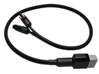 A black braided cable with a MC4 connector on one end and a larger gray brad anderson equivalent connector on the other, shown on a plain white background.