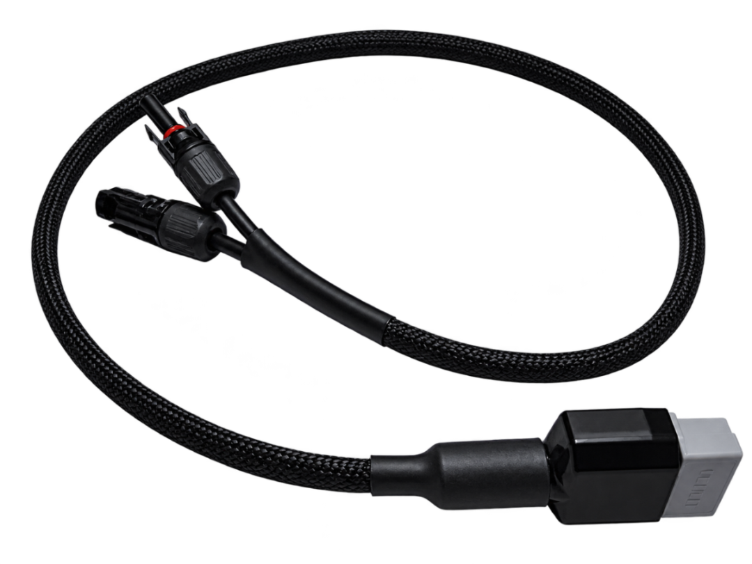 A black braided cable with a MC4 connector on one end and a larger gray brad anderson equivalent connector on the other, shown on a plain white background.
