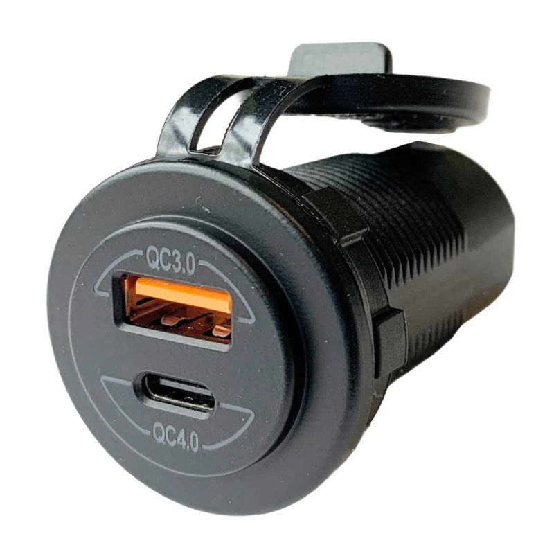 Round – Dual Port usb Charger – 1x C-type and 1x USB